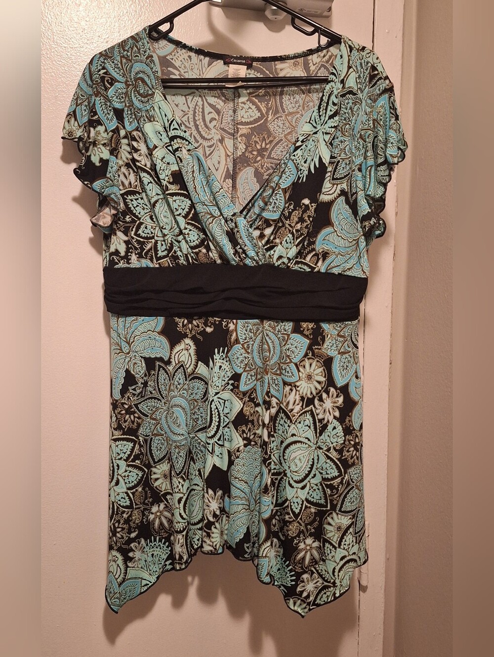 Floral Wrap-Style Top in Aqua and Black